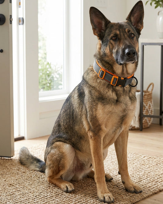 Vivart Padded Neoprene Dog Collar 2.5 cm Neck 40-55 cm Graphite and Amber - Lifestyle view